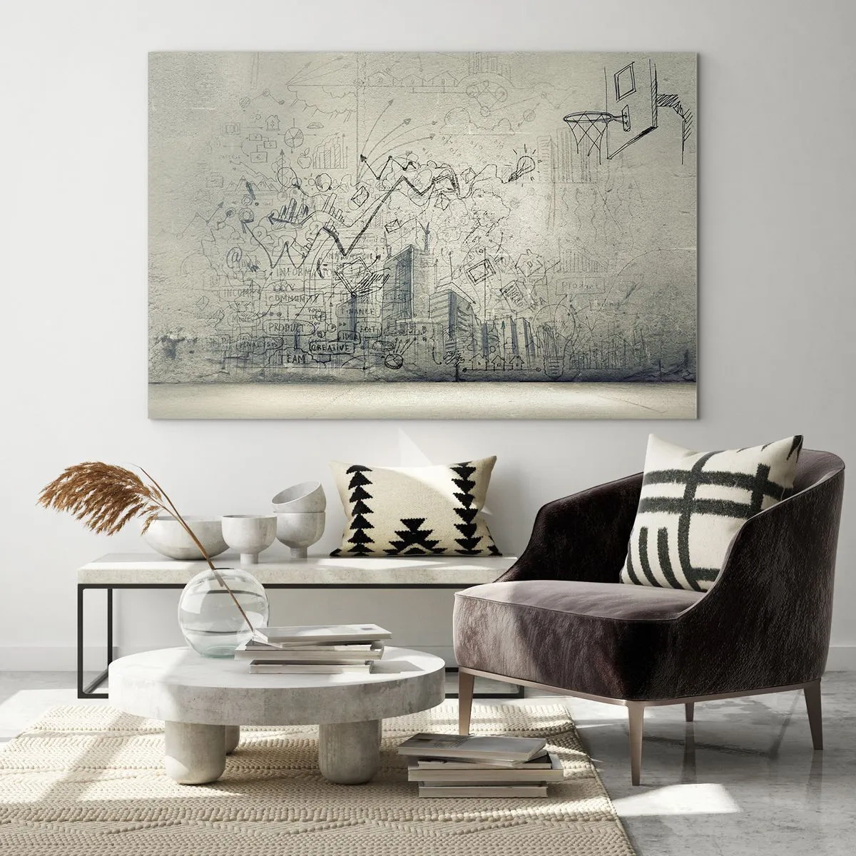 Glastavla - Bild på glas - Grafisk skiss med affärs- och kreativa element - 70x50cm - Mitt underbara stadsliv - Modern väggdekoration för vardagsrum och sovrum ARTTOR