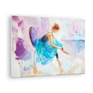 Glastavla - Bild på glas - En ballerina i en blå klänning mot en impressionistisk bakgrund - 70x50cm - Outtalad charm, fin stil - Modern väggdekoration för vardagsrum och sovrum ARTTOR