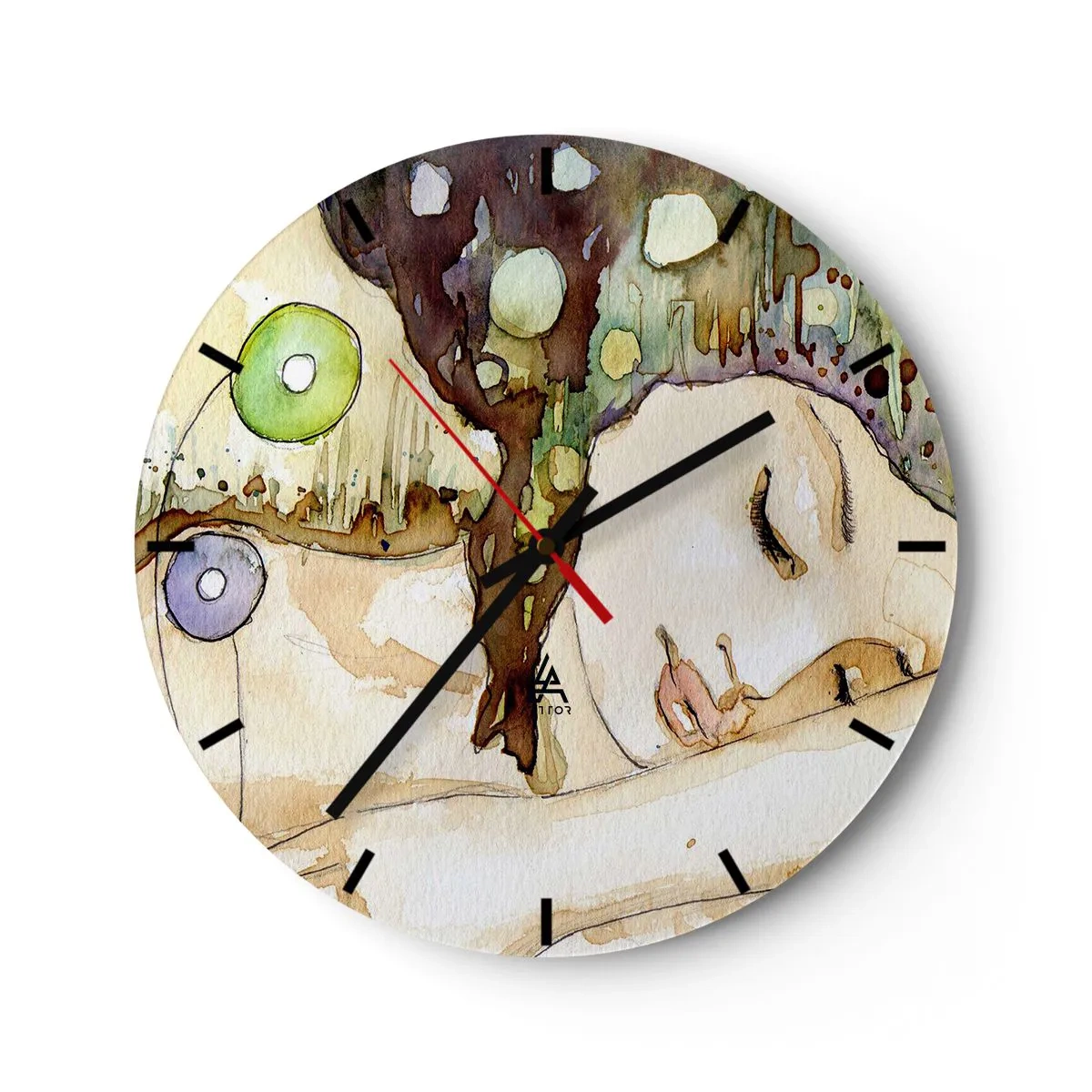 Väggklocka - Klocka på glas - Abstrakt akvarellmålning med motiv av ett kvinnligt ansikte - 30x30cm - Smaragd-viol dröm - Modern väggdekoration för vardagsrum, kök och sovrum ARTTOR