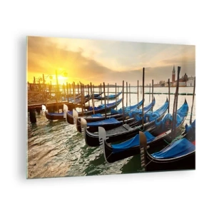 Glastavla - Bild på glas - Gondoler i Venedig vid solnedgången - 70x50cm - Innan bullret kommer hit - Modern väggdekoration för vardagsrum och sovrum ARTTOR