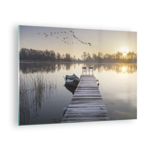 Glastavla - Bild på glas - Morgon vid sjön med en pir - 70x50cm - Kommer tillbaka om en viss tid - Modern väggdekoration för vardagsrum och sovrum ARTTOR
