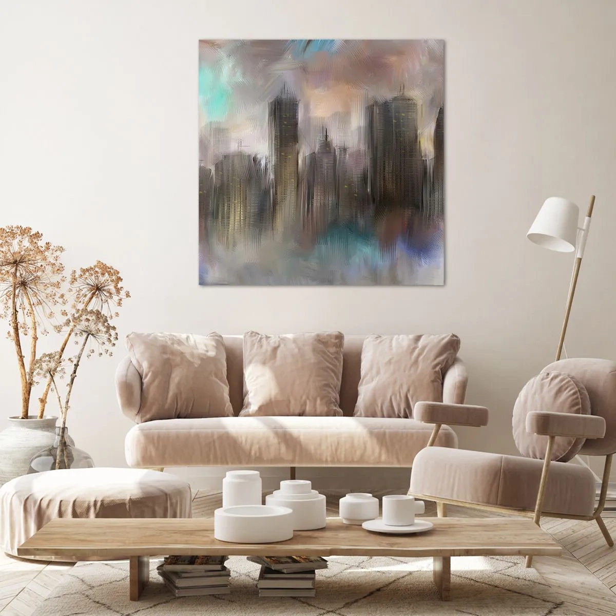 Canvastavla - Bild på duk - Komposition av stål, sten och dimma - 70x70 cm