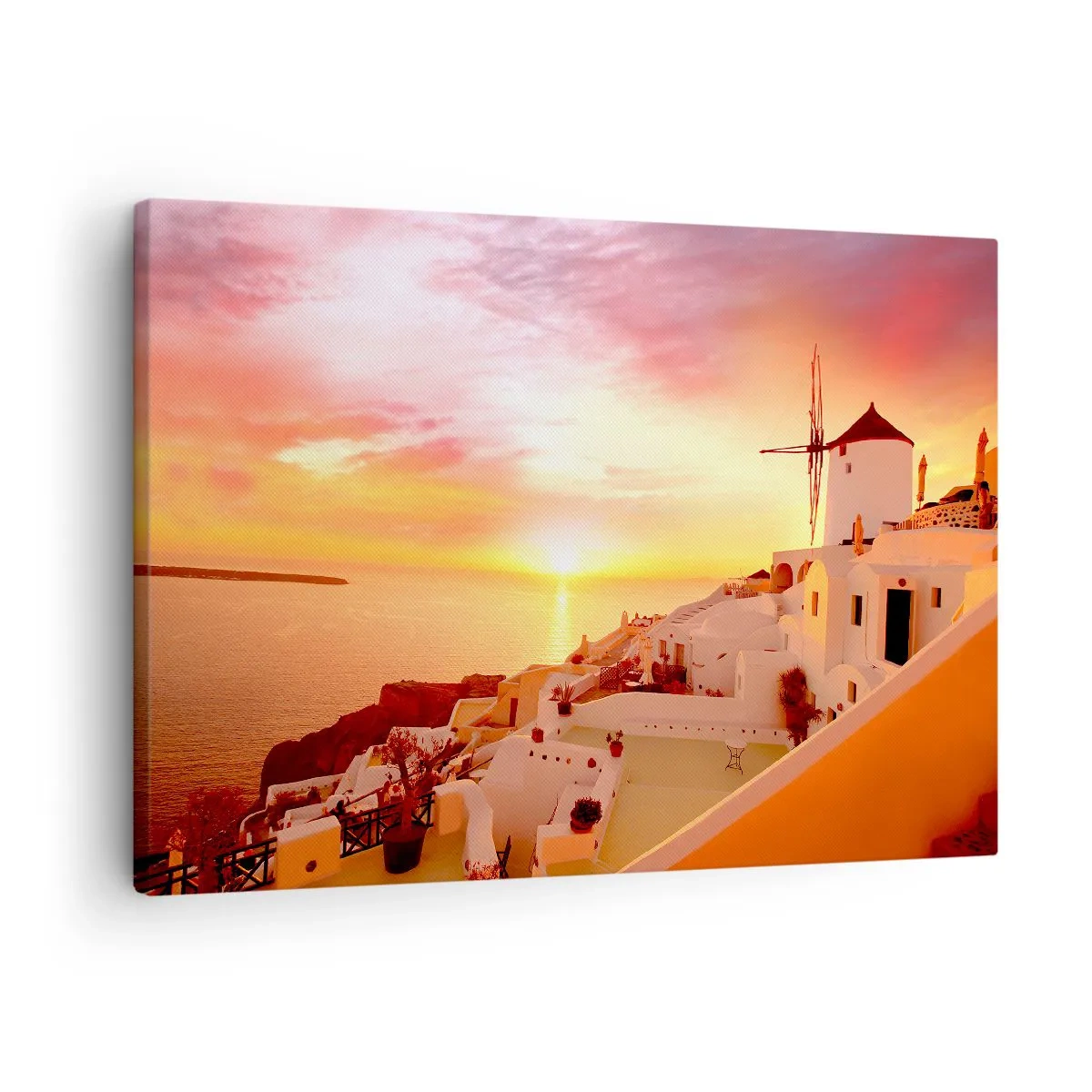 Canvastavla - Bild på duk - Santorini vid solnedgången med en väderkvarn - 70x50cm - Smälta sig in i vitt och guld - Modern väggdekoration för vardagsrum och sovrum ARTTOR