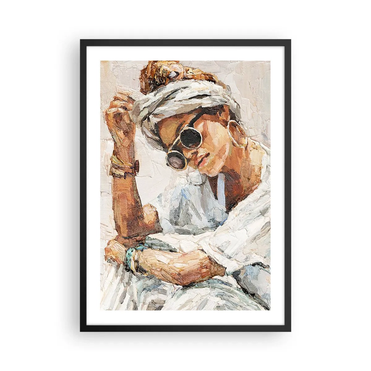 Affisch i svart ram - Porträtt av en kvinna med glasögon och turban i impressionistisk stil - 50x70cm - Porträtt i fullt solljus - Modern väggdekoration för vardagsrum och sovrum ARTTOR