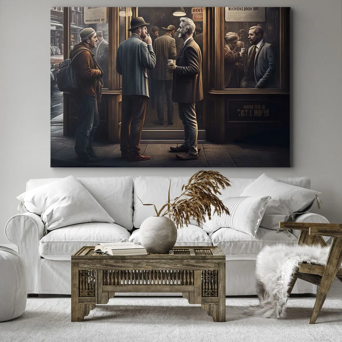 Canvastavla - Bild på duk - Gatubild med människor framför ett retrokafé - 70x50cm - En bra stund på dagen - Modern väggdekoration för vardagsrum och sovrum ARTTOR
