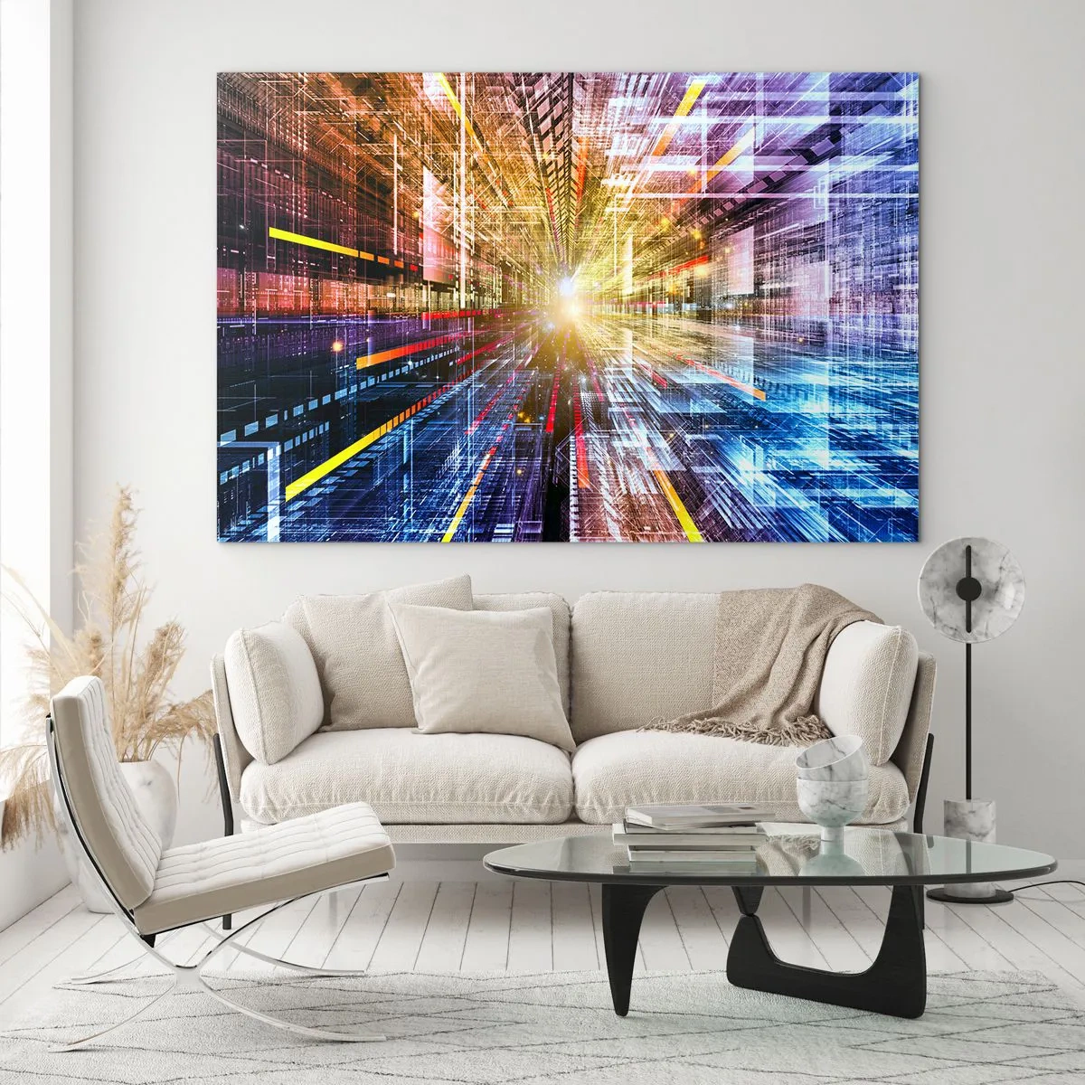 Glastavla - Bild på glas - Abstrakt vision med färgade linjer och ljus - 70x50cm - Ljuskorridor - Modern väggdekoration för vardagsrum och sovrum ARTTOR
