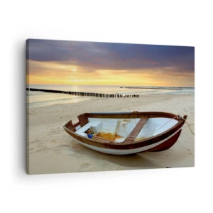 Canvastavla - Bild på duk - En båt på en sandstrand vid solnedgången - 70x50cm - Det finns inga vackrare stränder - Modern väggdekoration för vardagsrum och sovrum ARTTOR