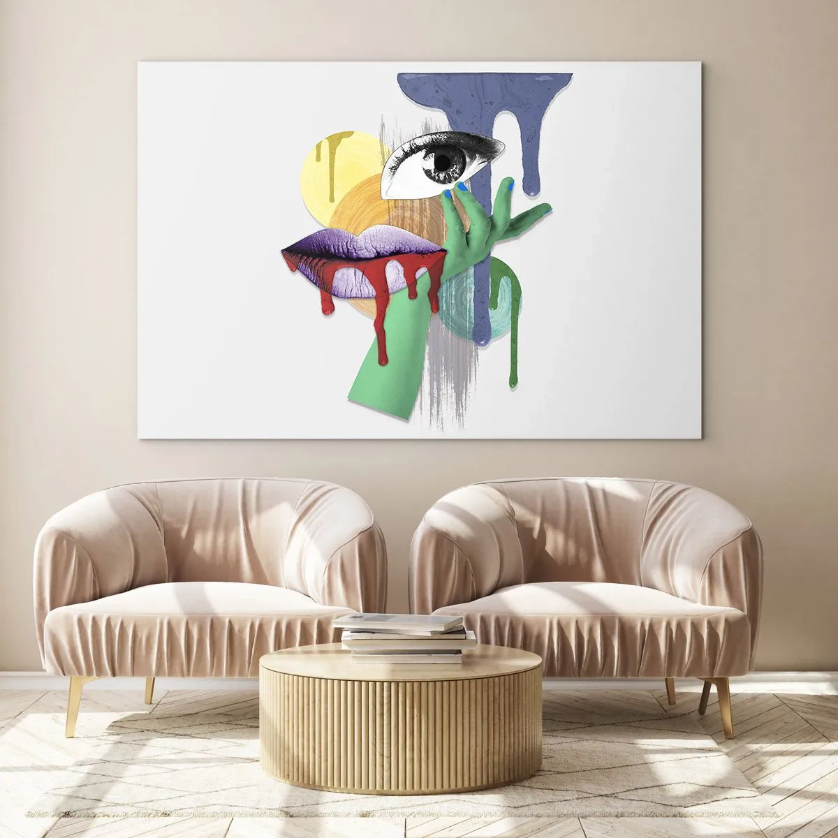 Glastavla - Bild på glas - Abstrakt komposition med ögon, mun och färger - 70x50cm - Rekonstruerad porträtt - Modern väggdekoration för vardagsrum och sovrum ARTTOR