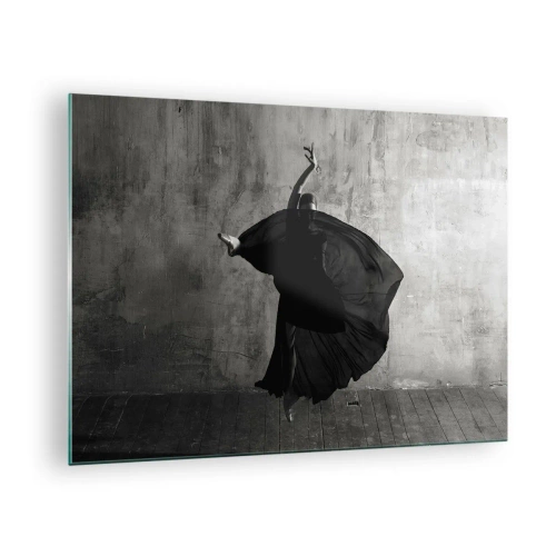 Glastavla - Bild på glas - Svartvit silhuett av en dansare i en dynamisk pose - 70x50cm - Full av passion - Modern väggdekoration för vardagsrum och sovrum ARTTOR