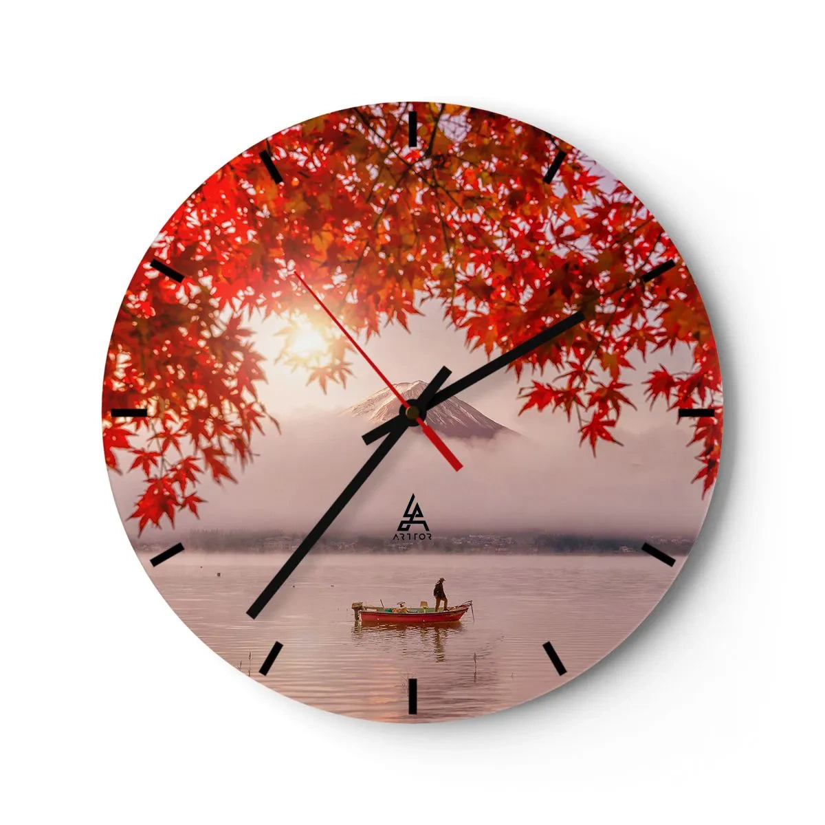 Väggklocka - Klocka på glas - Höstlöv med berget Fuji i bakgrunden och en båt på en sjö - 30x30cm - I japansk stämning - Modern väggdekoration för vardagsrum, kök och sovrum ARTTOR