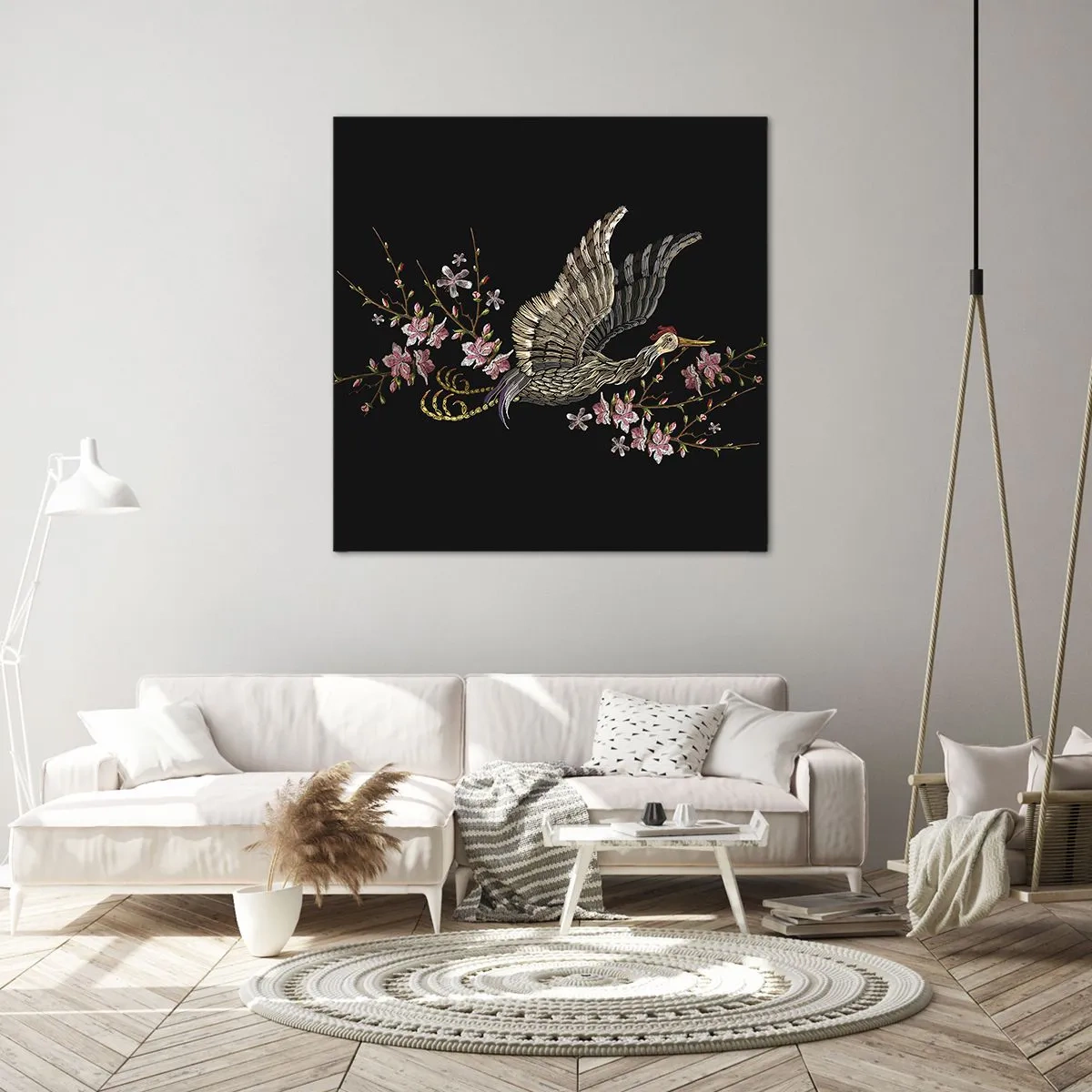 Canvastavla - Bild på duk - Exotisk, broderad fågel - 30x30 cm