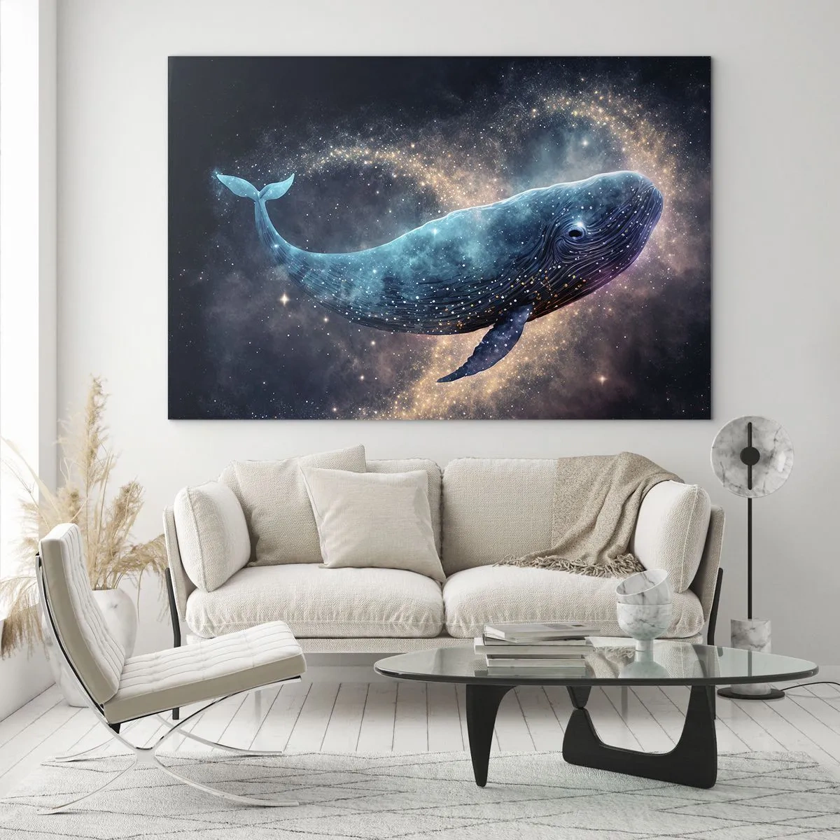 Glastavla - Bild på glas - Blåval som svävar i galaxen - 70x50cm - Det finns en värld... - Modern väggdekoration för vardagsrum och sovrum ARTTOR