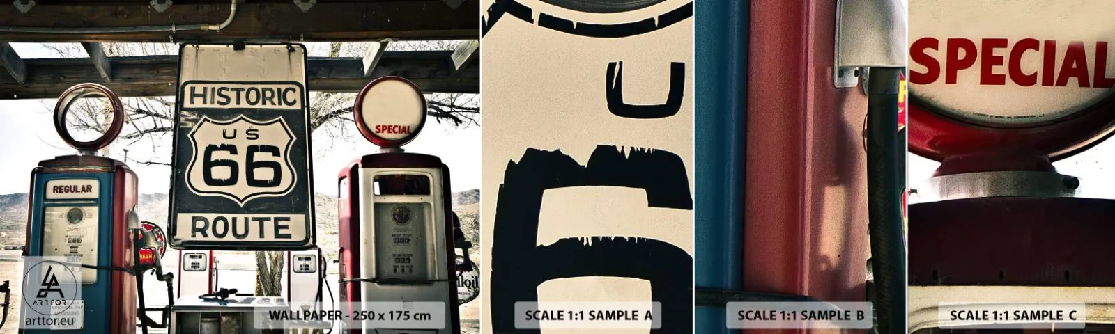 Provbit av självhäftande fototapet Deluxe Sticker - Amerikansk retroresa - Årgång, Väg 66, Väg 66 - 100x30 cm