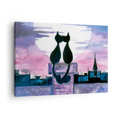 Canvastavla - Bild på duk - Svarta katter på ett tak i månskenet i en akvarellmiljö - 70x50cm - Rendez-vous under månen - Modern väggdekoration för vardagsrum och sovrum ARTTOR