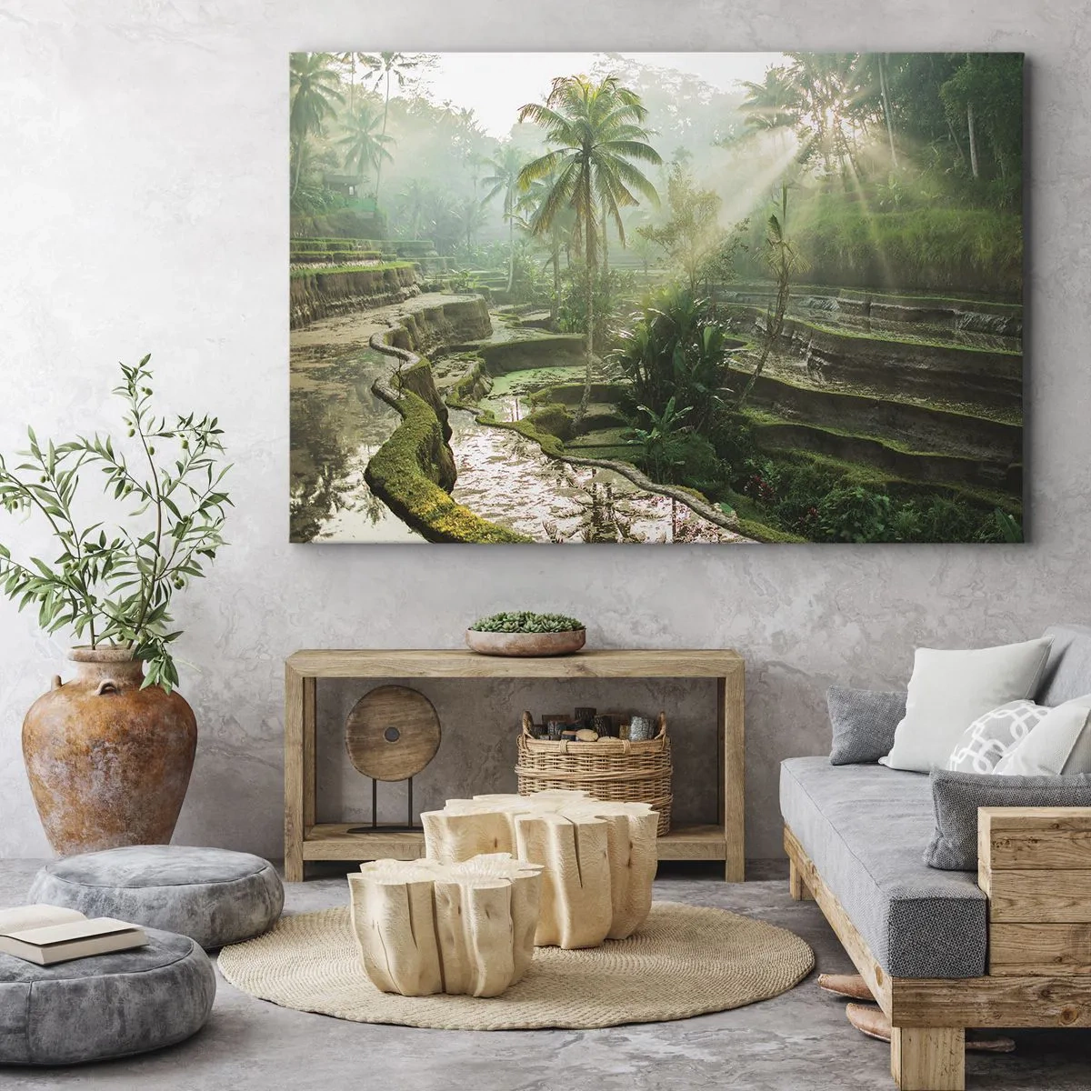 Canvastavla - Bild på duk - Risterrasser med palmer i solens strålar - 70x50cm - Växa upp i solsken - Modern väggdekoration för vardagsrum och sovrum ARTTOR