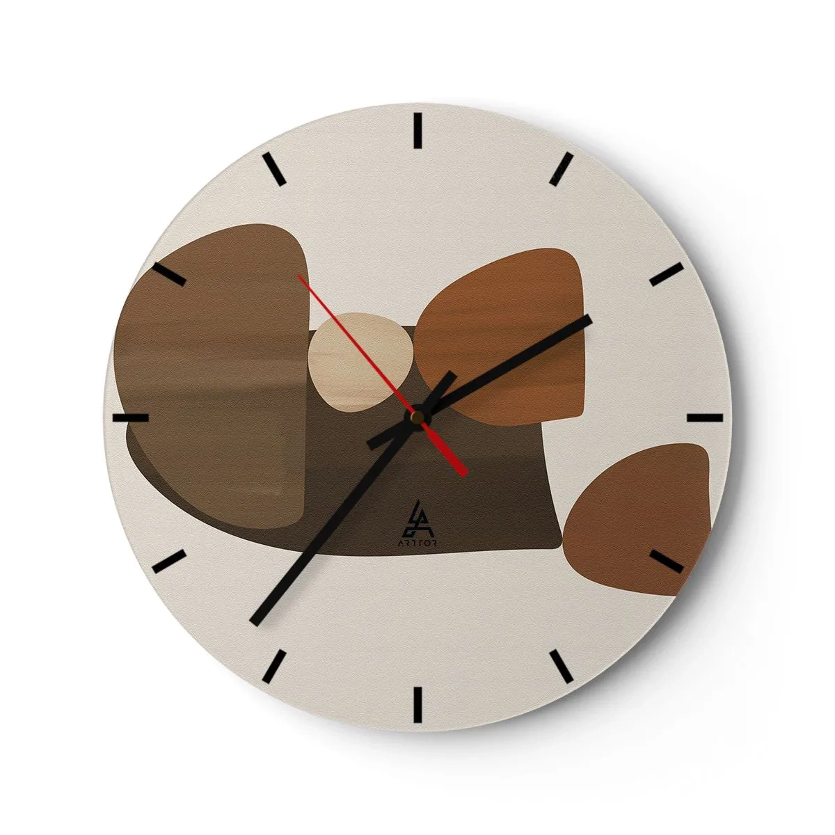 Väggklocka - Klocka på glas - Abstrakta former i nyanser av brunt mot en beige bakgrund - 30x30cm - Komposition i brun - Modern väggdekoration för vardagsrum, kök och sovrum ARTTOR