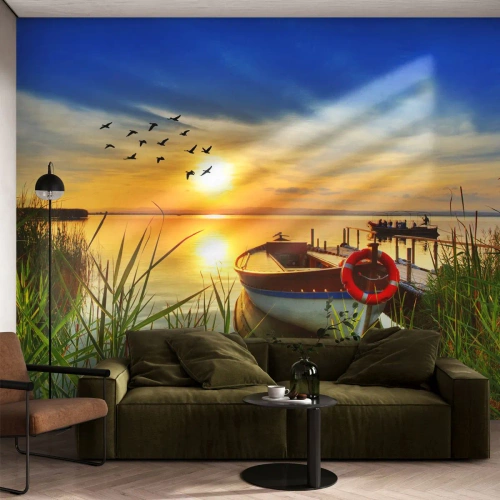Fototapet på mått Premium Canvas - Storskarvarna drar iväg - Landskap, Sjö, Solnedgång