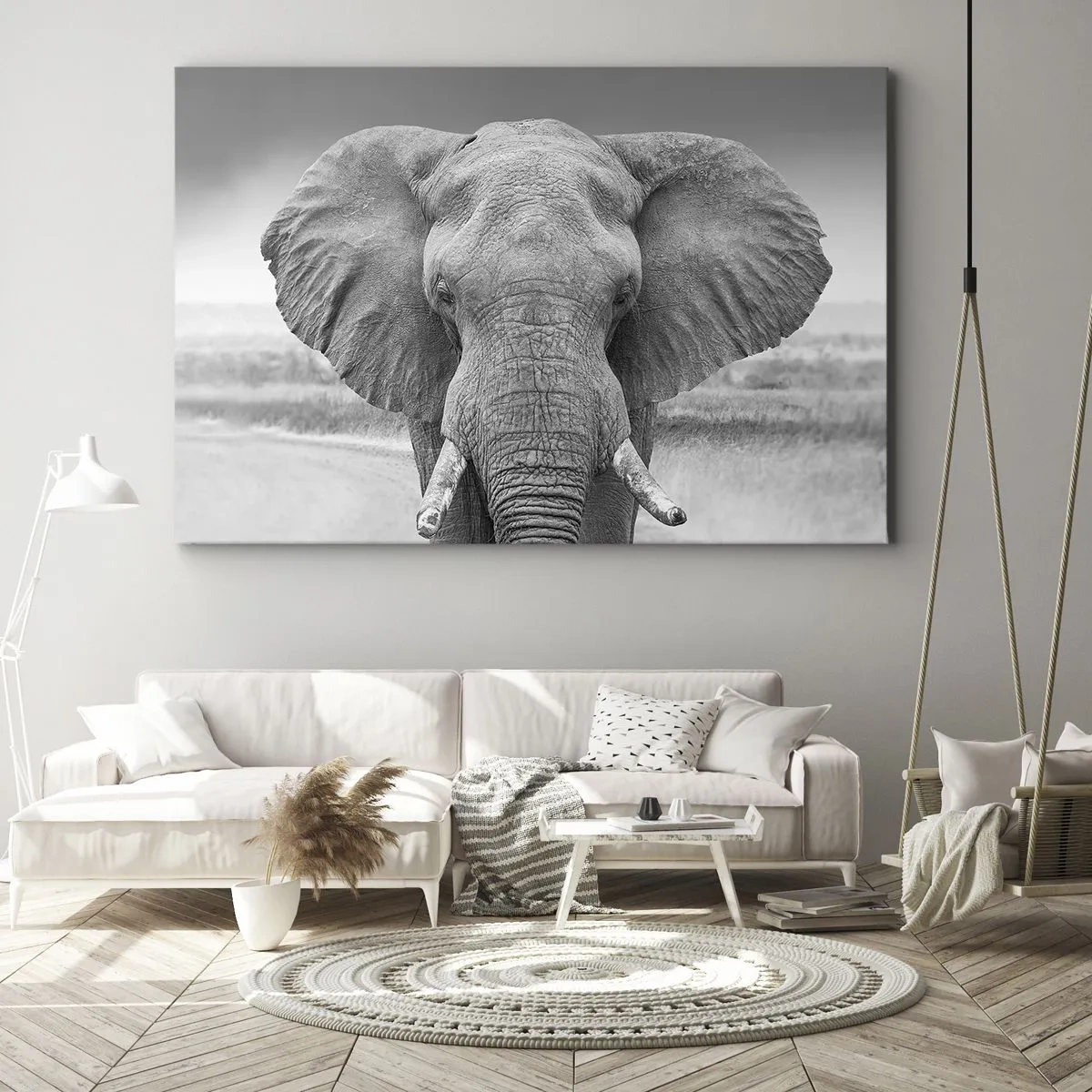 Canvastavla - Bild på duk - Porträtt av en elefant i svartvitt - 70x50cm - Välkommen till min värld - Modern väggdekoration för vardagsrum och sovrum ARTTOR