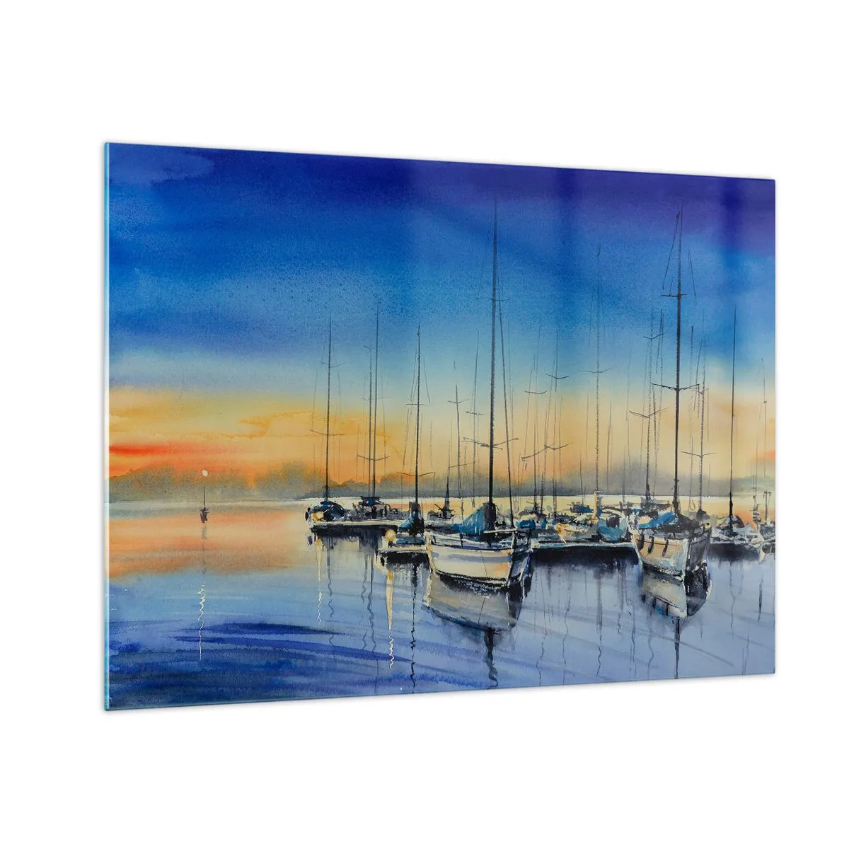 Glastavla - Bild på glas - Segelbåtar i hamnen vid solnedgången - 70x50cm - Slutet på en bra dag - Modern väggdekoration för vardagsrum och sovrum ARTTOR