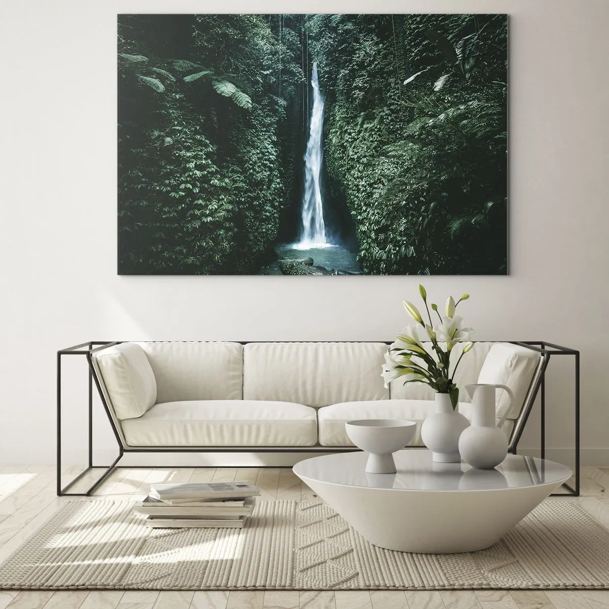 Glastavla - Bild på glas - Ett vattenfall mitt i tät tropisk vegetation - 70x50cm - Tropisk spa - Modern väggdekoration för vardagsrum och sovrum ARTTOR