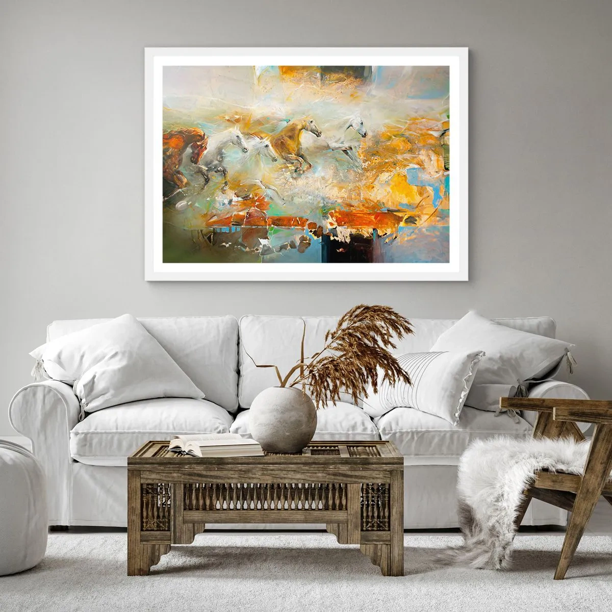 Affisch i vit ram - Galopp genom ljuset - 60x60 cm