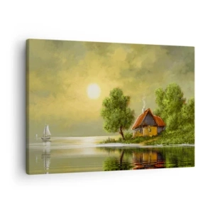 Canvastavla - Bild på duk - Sjöhus i solnedgångsljuset - 70x50cm - Vackert som från en bild - Modern väggdekoration för vardagsrum och sovrum ARTTOR