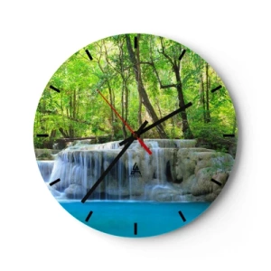 Väggklocka - Klocka på glas - Ett vattenfall omgivet av grön skog och turkost vatten - 30x30cm - Sjunka i turkos och grön - Modern väggdekoration för vardagsrum, kök och sovrum ARTTOR