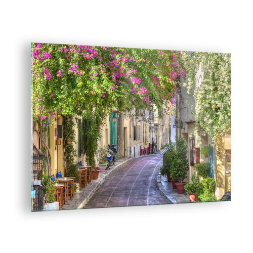 Glastavla - Bild på glas - En charmig gata med blommande träd - 70x50cm - Blommande gata - Modern väggdekoration för vardagsrum och sovrum ARTTOR