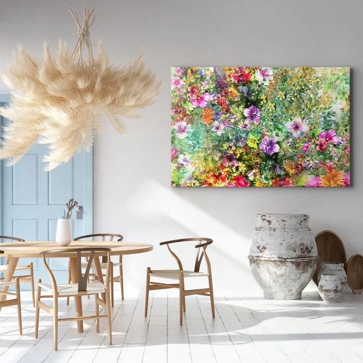 Canvastavla - Bild på duk - Ett färgglatt blomsterarrangemang på en grön bakgrund - 70x50cm - Ta en dopp i blommorna - Modern väggdekoration för vardagsrum och sovrum ARTTOR