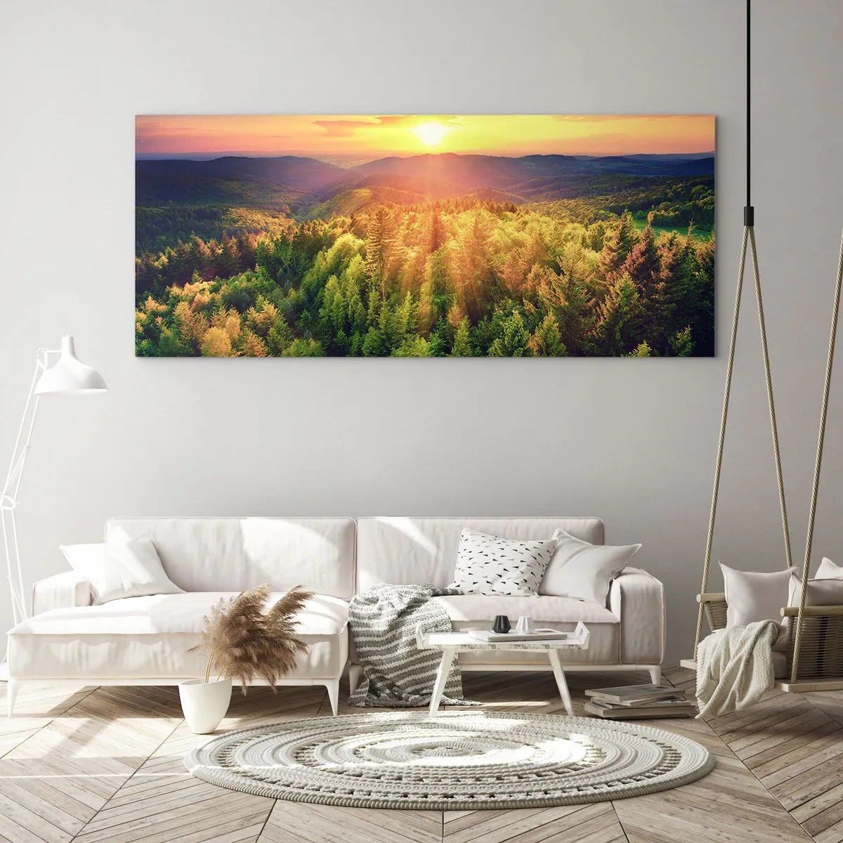 Glastavla - Bild på glas - Trädtoppar och bergstoppar - 100x40 cm