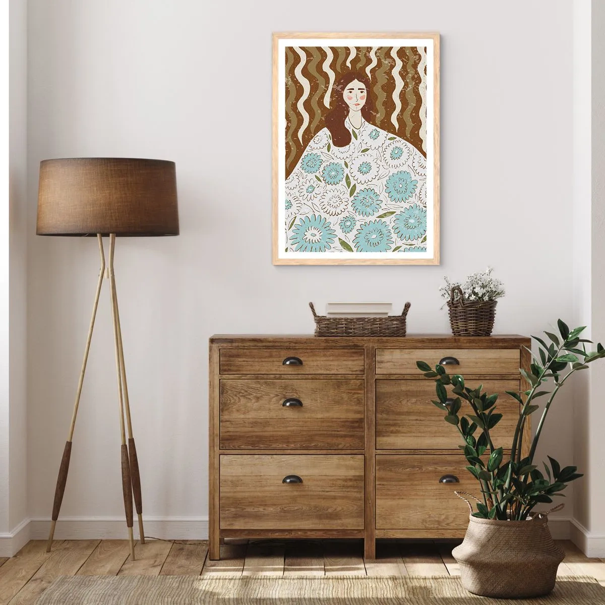Affisch i ram av ljusek - Porträtt i blommig mantel - 70x100 cm