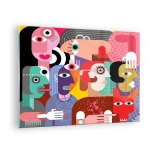 Glastavla - Bild på glas - Abstrakt komposition av ansikten i livfulla färger - 70x50cm - Vi är från Picasso - Modern väggdekoration för vardagsrum och sovrum ARTTOR
