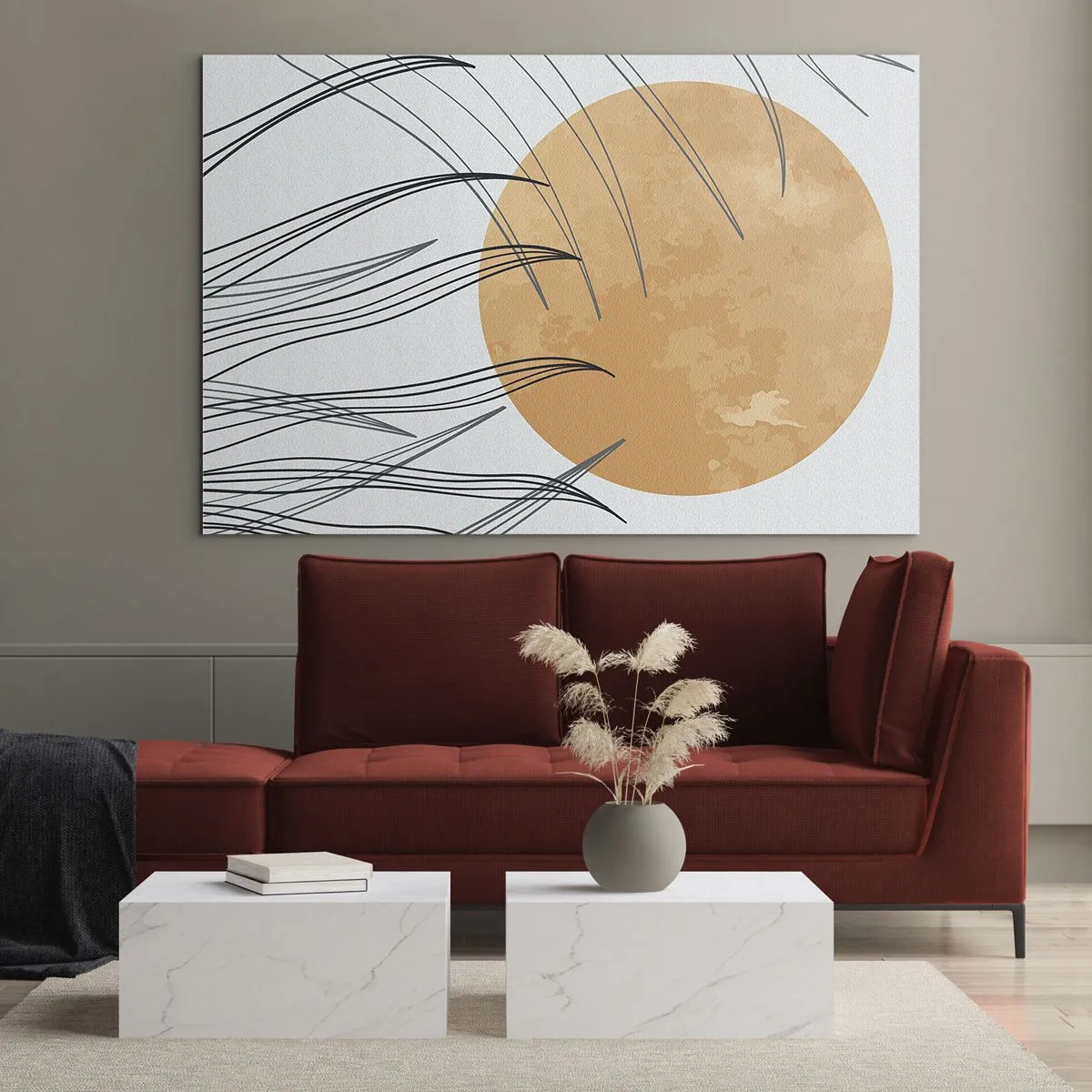 Glastavla - Bild på glas - Orange sol med dynamiska linjer mot en ljus bakgrund - 70x50cm - Alltid mot solen - Modern väggdekoration för vardagsrum och sovrum ARTTOR