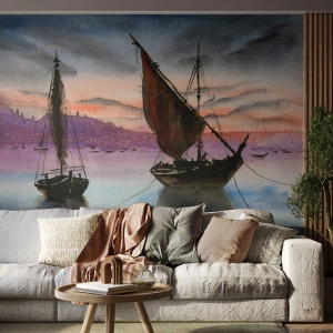 Fototapet Premium Canvas - Kväll i hamnen - Segelbåtar, Seaside, Landskap - 100x70 cm