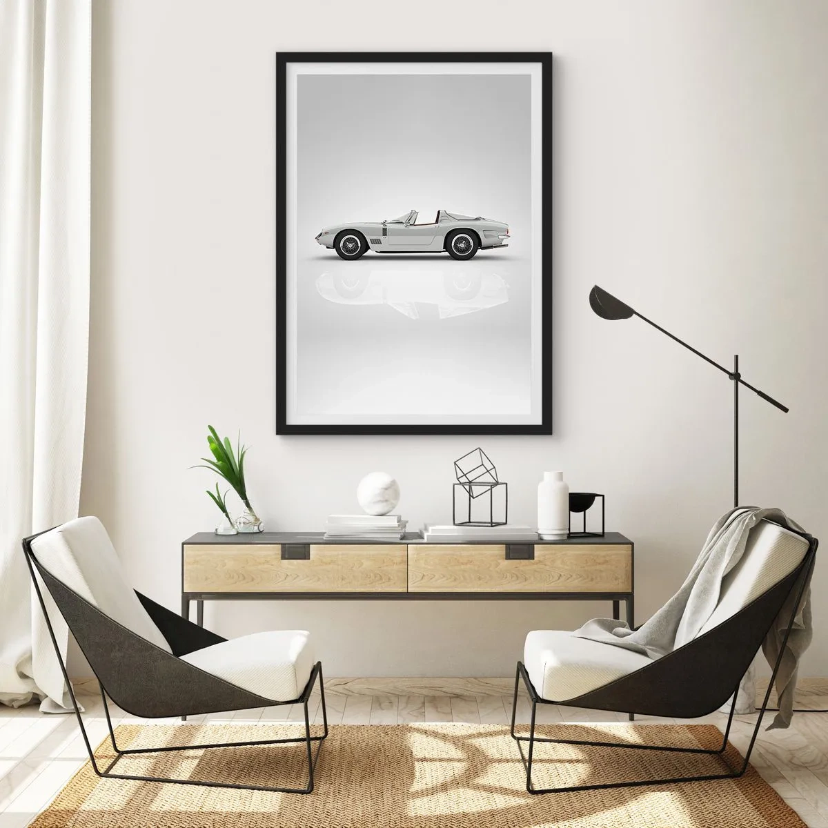Affisch i svart ram - Klassisk vit cabriolet på neutral bakgrund - 50x70cm - Ett löfte om lek - Modern väggdekoration för vardagsrum och sovrum ARTTOR