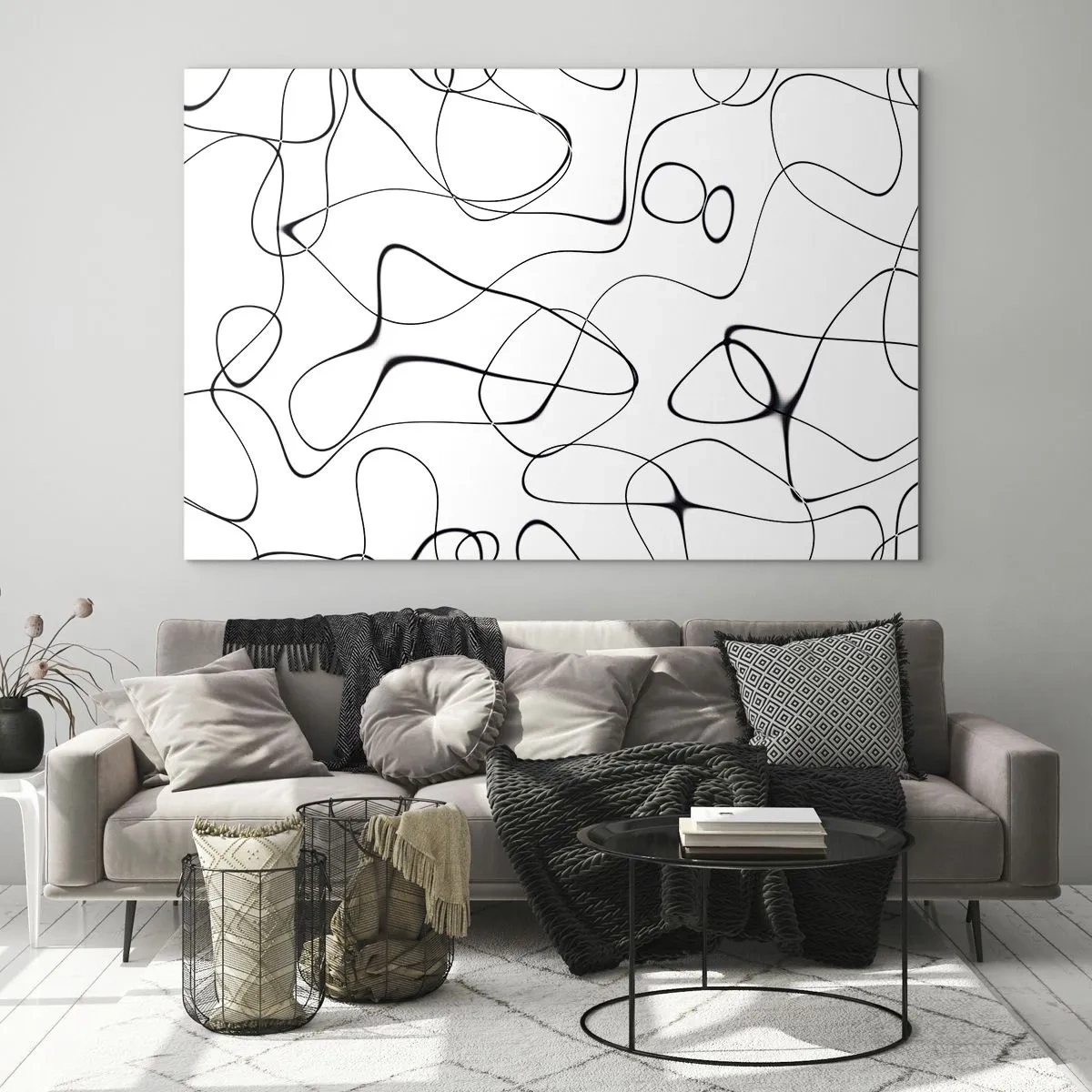 Glastavla - Bild på glas - Abstrakta svarta linjer på en vit bakgrund - 70x50cm - Livets stigar, ödets tur - Modern väggdekoration för vardagsrum och sovrum ARTTOR