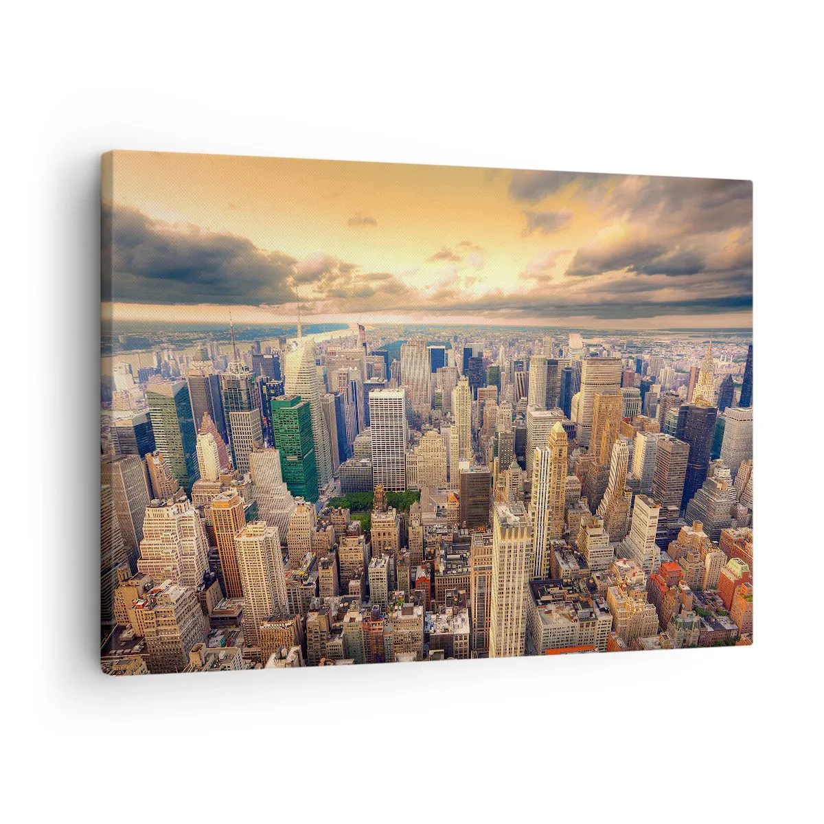 Canvastavla - Bild på duk - Stadspanorama med utsikt över skyskrapor vid solnedgången - 70x50cm - Förgylld metropolis - Modern väggdekoration för vardagsrum och sovrum ARTTOR