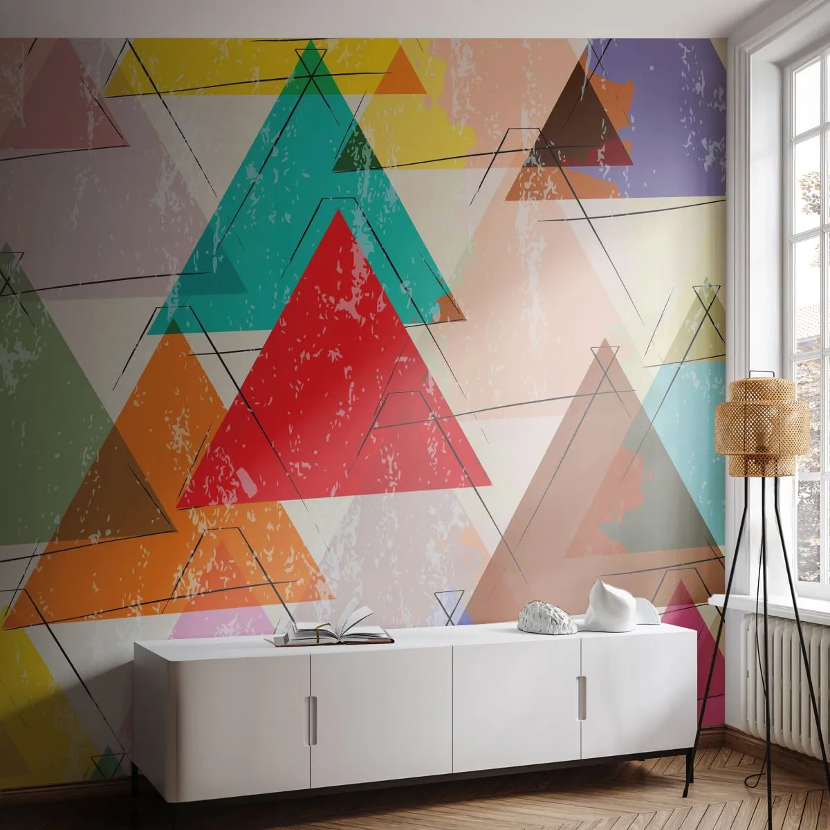 Självhäftande Fototapet Deluxe Sticker - Tre gånger tre - Abstraktion, Bit, Trianglar - 250x175 cm