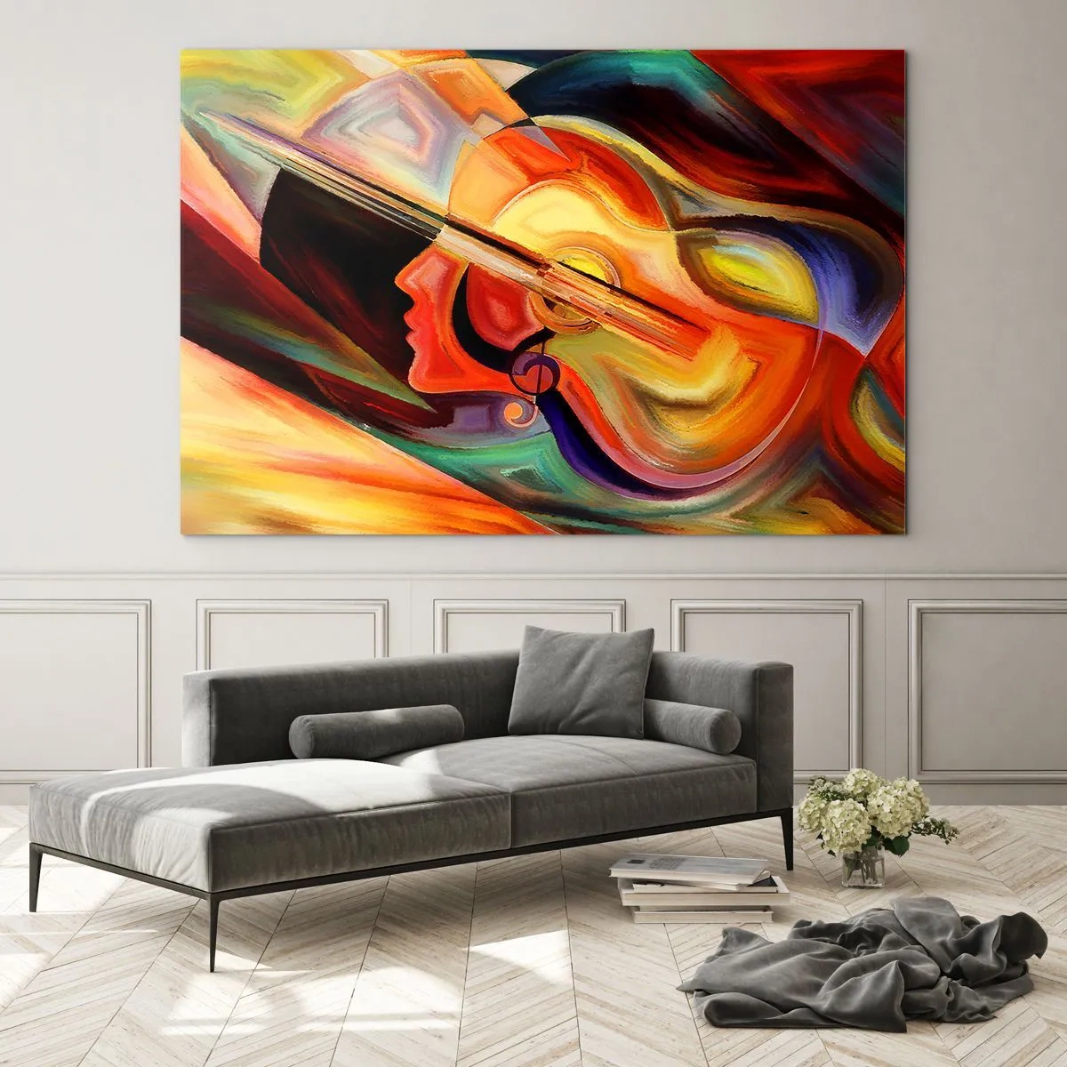 Glastavla - Bild på glas - Abstrakt porträtt med en gitarr och musiknoter i bakgrunden - 70x50cm - Allt väl - Modern väggdekoration för vardagsrum och sovrum ARTTOR