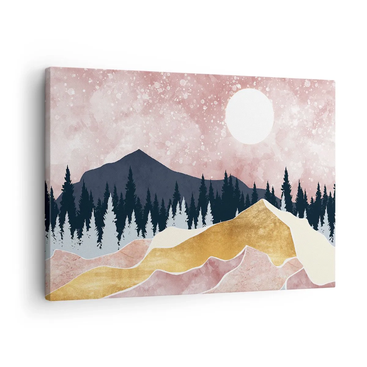 Canvastavla - Bild på duk - Färgglada berg mot en rosa himmel med en måne - 70x50cm - Nattvakt - Modern väggdekoration för vardagsrum och sovrum ARTTOR