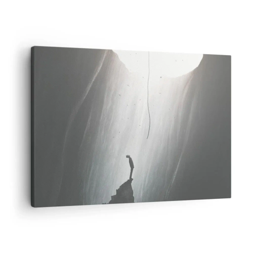 Canvastavla - Bild på duk - Silhuett av en man på golvet i en grotta med utsikt över ljuset - 70x50cm - Det finns alltid en väg ut - Modern väggdekoration för vardagsrum och sovrum ARTTOR