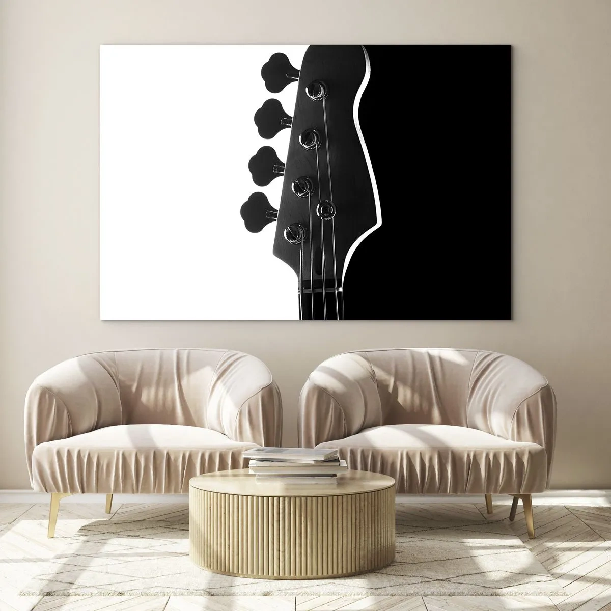 Glastavla - Bild på glas - Svartvitt basgitarrhuvud med skugga - 70x50cm - Rocktystnad - Modern väggdekoration för vardagsrum och sovrum ARTTOR