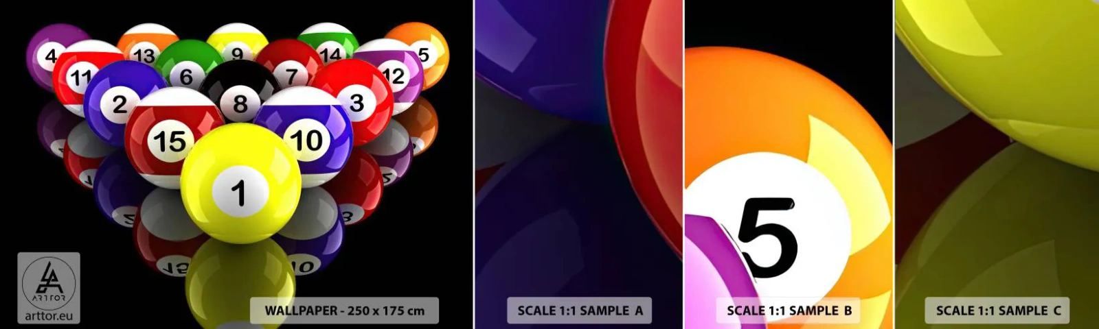 Provbit av självhäftande fototapet Deluxe Sticker - Olika spelfärger - Sport, Biljard, Biljardbollar - 100x30 cm