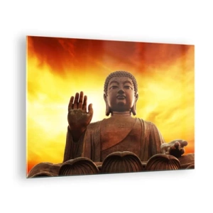 Glastavla - Bild på glas - En Buddhastaty mot bakgrund av en gyllene solnedgång - 70x50cm - Ljuslugnet - Modern väggdekoration för vardagsrum och sovrum ARTTOR