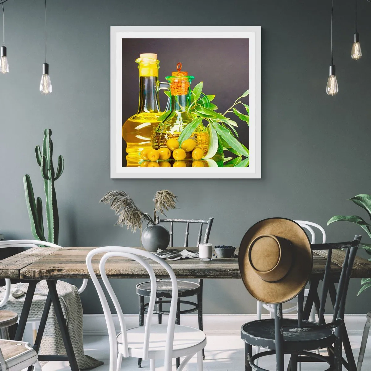 Affisch i vit ram - Stilleben med oliver och olivolja - 30x30 cm