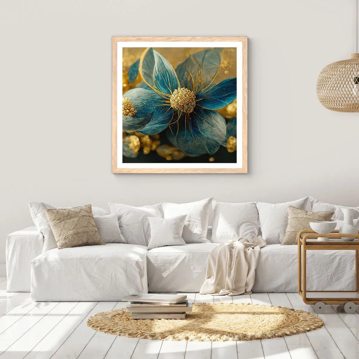 Affisch i ram av ljusek - Blommande av guld - 60x60 cm