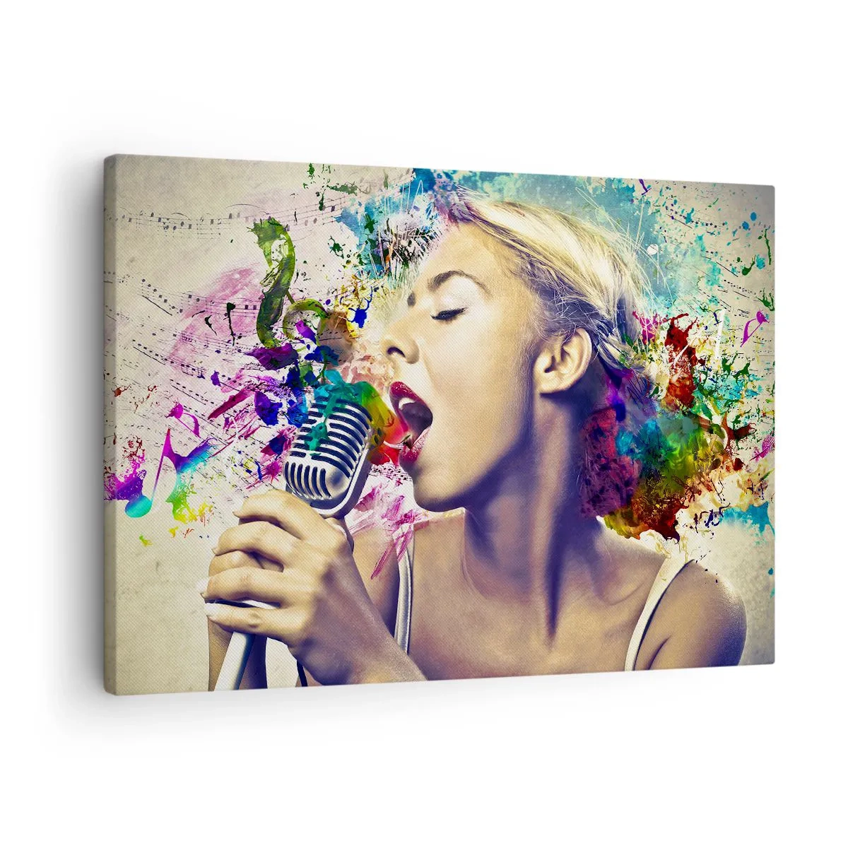 Canvastavla - Bild på duk - Konstnärligt porträtt av en kvinna som sjunger med färgglada effekter - 70x50cm - Måla världen med rösten - Modern väggdekoration för vardagsrum och sovrum ARTTOR