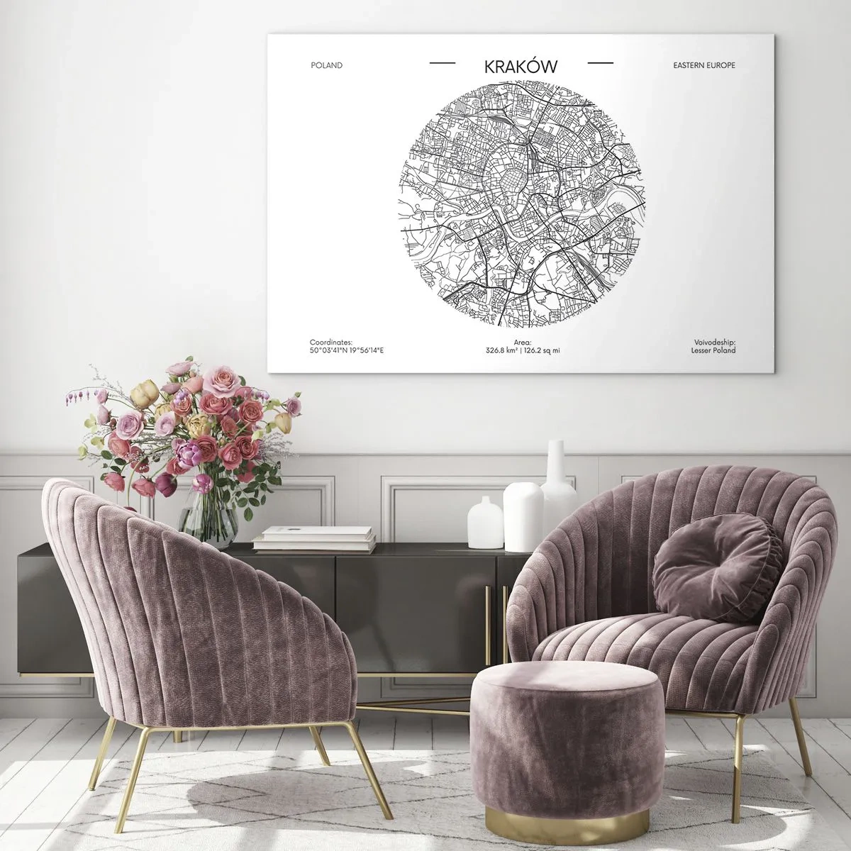 Glastavla - Bild på glas - En karta över Krakow i svartvit illustrationsstil - 70x50cm - Krakóws anatomi - Modern väggdekoration för vardagsrum och sovrum ARTTOR
