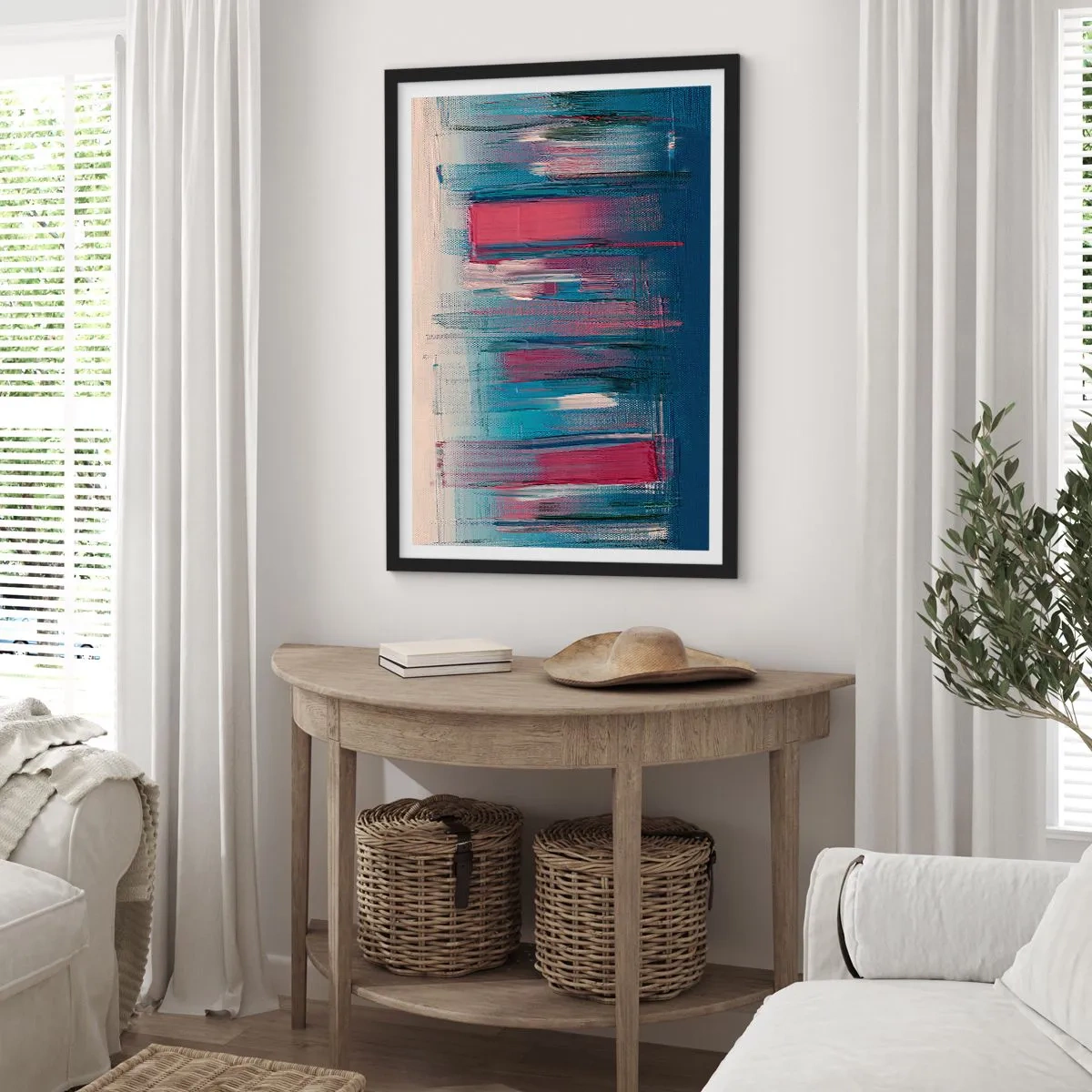 Affisch i svart ram - Abstrakt komposition i nyanser av blått och rött - 50x70cm - Vertikal komposition i blått och rött - Modern väggdekoration för vardagsrum och sovrum ARTTOR