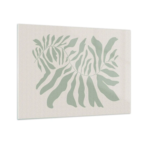 Glastavla - Bild på glas - En smaragdgrön gren med organiska former på en ljus bakgrund - 70x50cm - Smaragdgrön gren - Modern väggdekoration för vardagsrum och sovrum ARTTOR